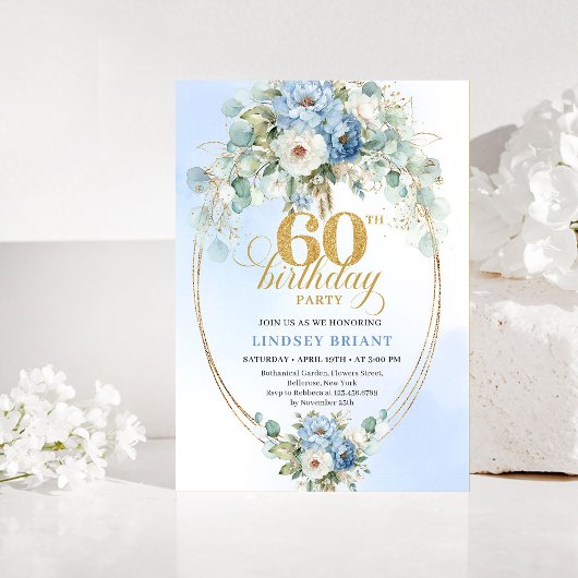 Lichtblauwe pioen eucalyptus goud 60ste verjaardag kaart