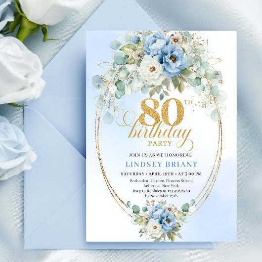 Lichtblauwe Pioenbloemen Gouden Lijst 80e Verjaard Kaart