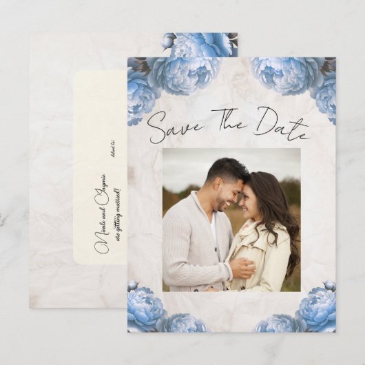 Lichtblauwe pioenbloemen  Save the Date Aankondigingskaart (Voorkant / Achterkant)