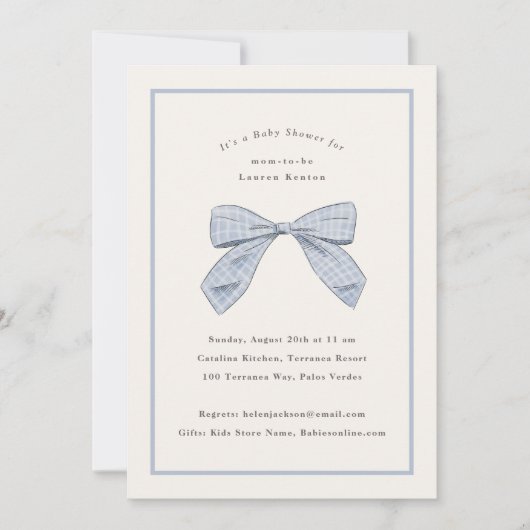 Lichtblauwe Plaid Bow Elegant Boy Baby shower Kaart (Voorkant)