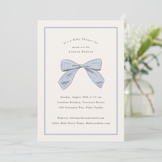 Lichtblauwe Plaid Bow Elegant Boy Baby shower Kaart (Staand voorkant)