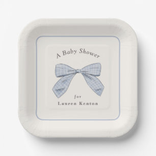 Lichtblauwe Plaid Bow Elegant Boy Baby shower Papieren Bordje