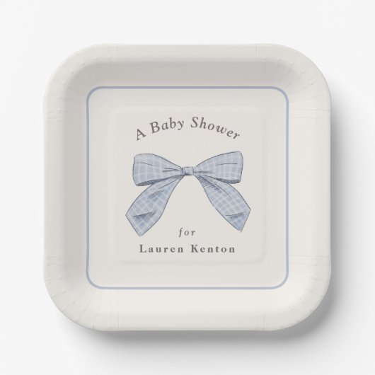 Lichtblauwe Plaid Bow Elegant Boy Baby shower Papieren Bordje (Voorkant)