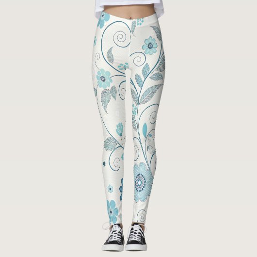 Lichtblauwe Polka Dot en Bloempatroon Leggings (Voorkant)