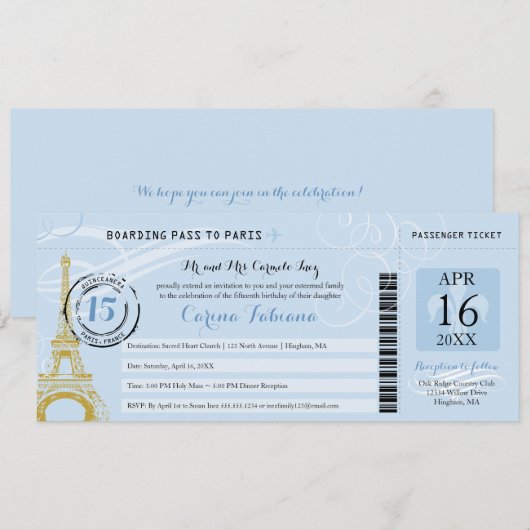 Lichtblauwe Quinceanera instapkaart naar Parijs Kaart (Voorkant / Achterkant)