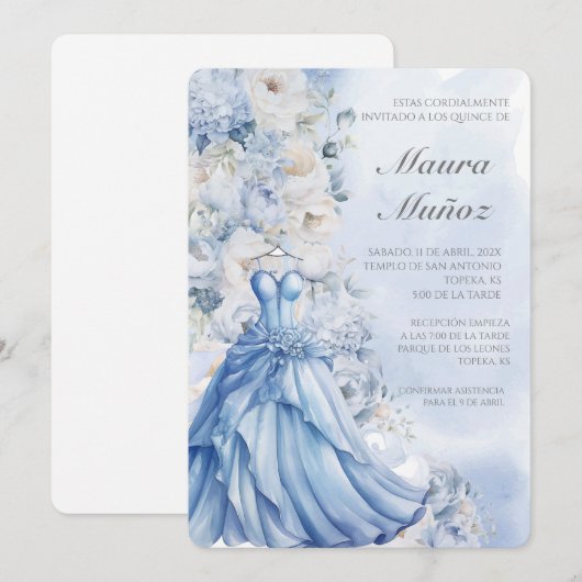 Lichtblauwe quinceañera uitnodiging (Voorkant / Achterkant)