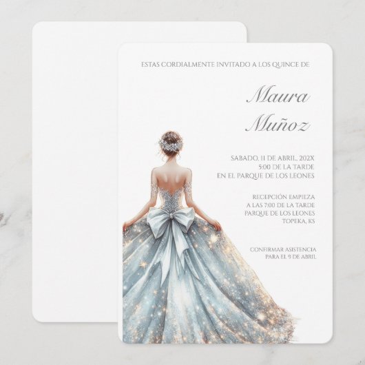 Lichtblauwe quinceañera uitnodiging (Voorkant / Achterkant)