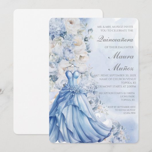 Lichtblauwe quinceañera uitnodiging (Voorkant / Achterkant)