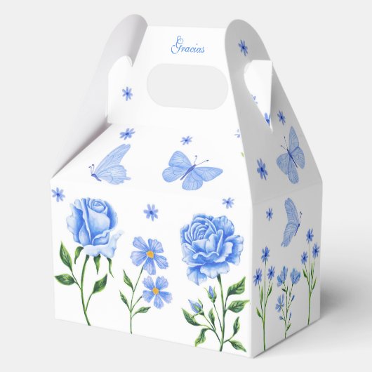 Lichtblauwe Quinceañera Vlinder en Rozen Bloemen Bedankdoosjes (Achterkant)