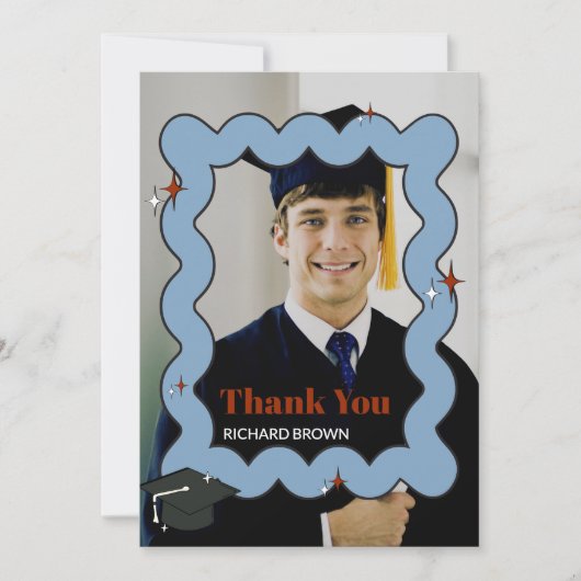 Lichtblauwe retro kronkelende golvende foto dank u bedankkaart (Voorkant)
