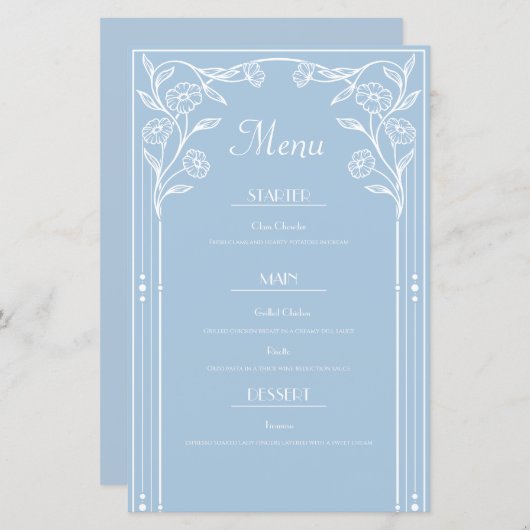 Lichtblauwe Romance en  sophisticatie Menu (Voorkant / Achterkant)