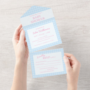 Lichtblauwe Roze Baby Shower All-in-One Uitnodigin All In One Uitnodiging