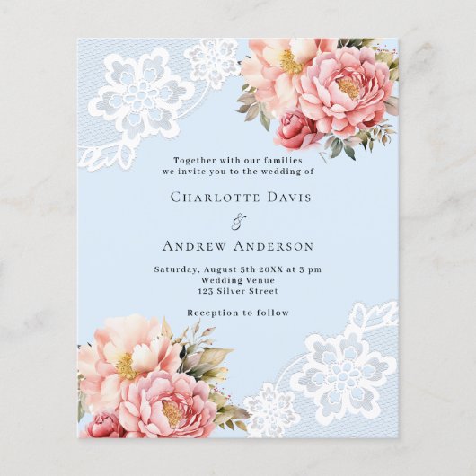 Lichtblauwe roze bloemenkant bruiloft uitnodiging (Voorkant)