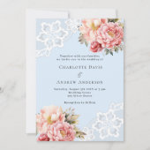 Lichtblauwe roze rose gouden bloemen kant bruiloft kaart (Voorkant)