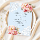 Lichtblauwe roze rose gouden bloemen kant bruiloft kaart