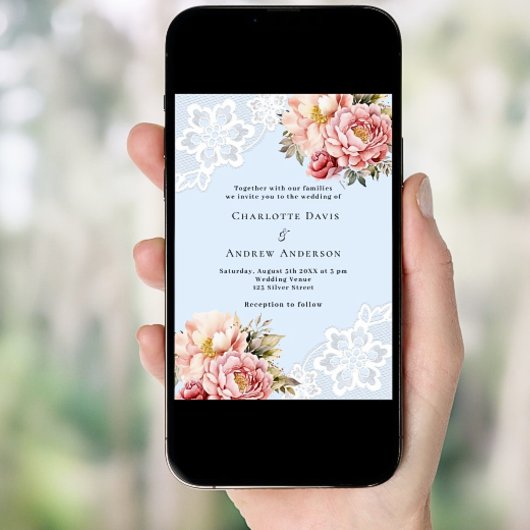 Lichtblauwe roze rose gouden bloemen kant bruiloft kaart