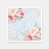 Lichtblauwe roze rozen bloemen monogram bruiloft servet (Voorkant)