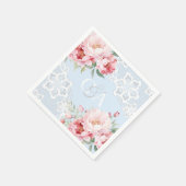 Lichtblauwe roze rozen bloemen monogram bruiloft servet (Hoek)