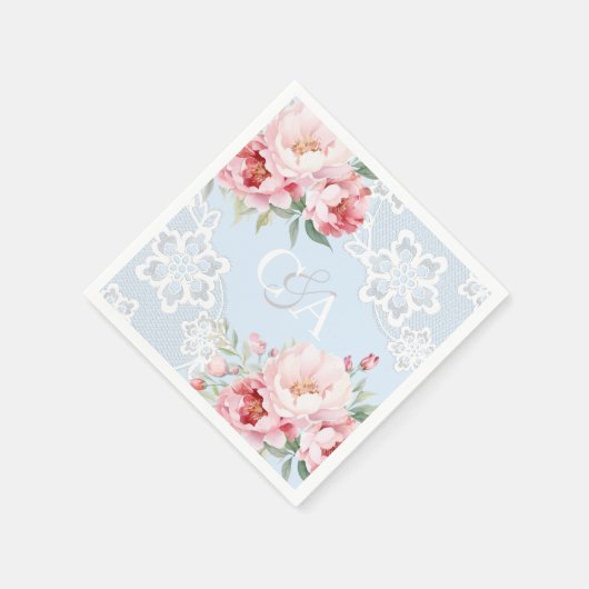 Lichtblauwe roze rozen bloemen monogram bruiloft servet (Hoek)