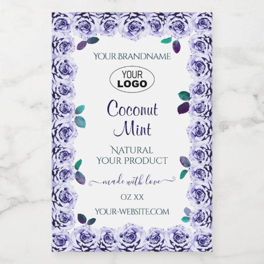 Lichtblauwe Rozen op Witte Productlabels met Logo Voedselcontainer Etiket (Enkel label)