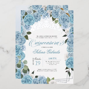 Lichtblauwe Rozen Prinses Quinceanera Tiara Echt Folie Uitnodiging