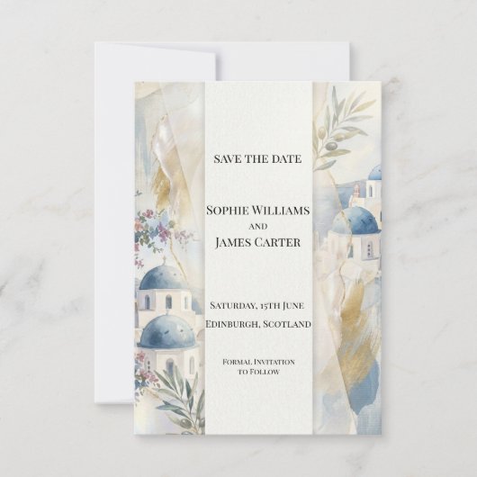 Lichtblauwe Santorini Save The Date Kaart (Voorkant)