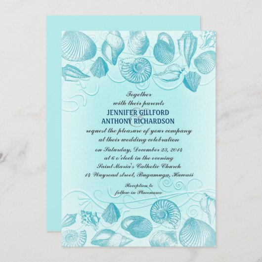 Lichtblauwe schelpen bruiloft uitnodigingen (Voorkant / Achterkant)