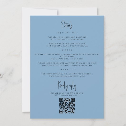 Lichtblauwe sierlijke bloemen QR-code alles in 1 b Kaart (Achterkant)