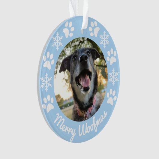 Lichtblauwe sneeuwvlok en poten hond Foto Kerstmis Ornament (voorkant)
