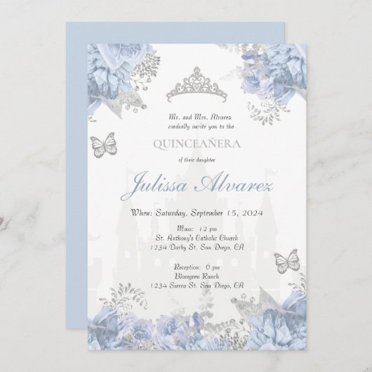 Lichtblauwe sprookjesachtige Quinceanera uitnodigi Kaart (Voorkant / Achterkant)