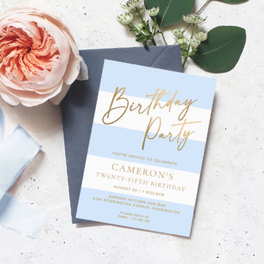 Lichtblauwe Streep Gouden Verjaardag Kaart