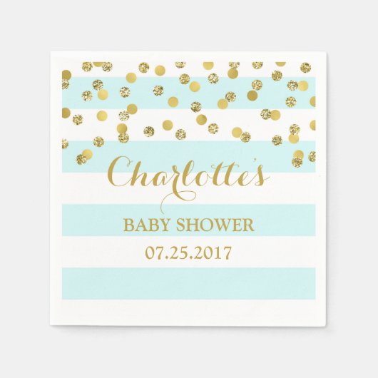Lichtblauwe strepen Gouden Confetti Baby shower Servetten (Voorkant)