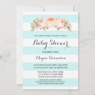 Lichtblauwe strepen Waterverf Floral Baby shower Kaart