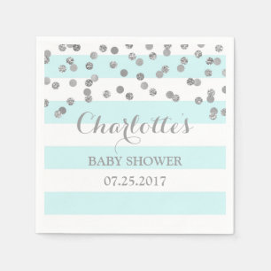 Lichtblauwe strepen Zilveren Confetti Baby shower Servetten