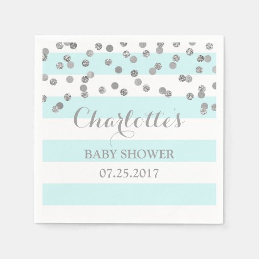 Lichtblauwe strepen Zilveren Confetti Baby shower Servetten (Voorkant)