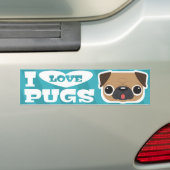 Lichtblauwe Teal I LOVE PUGS bumpersticker (Op auto)