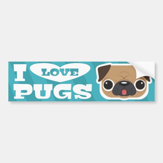 Lichtblauwe Teal I LOVE PUGS bumpersticker (Voorkant)