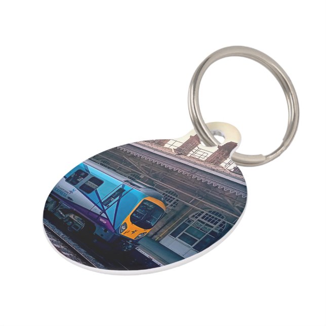 Lichtblauwe trein huisdierpenning (Zijkant)