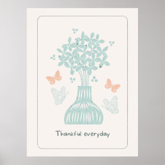 Lichtblauwe vaas met bloemen en vlinders print