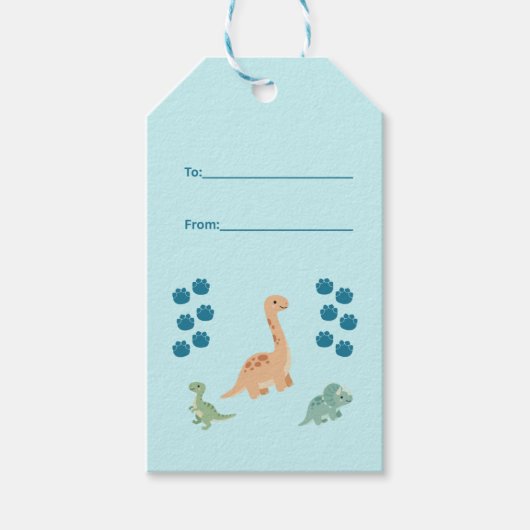 Lichtblauwe Verjaardag van Cute Dinosaur Cadeaulabel (Voorkant)