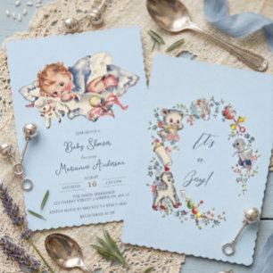 Lichtblauwe Vintage Baby Jongen Baby Shower Uitnod Kaart