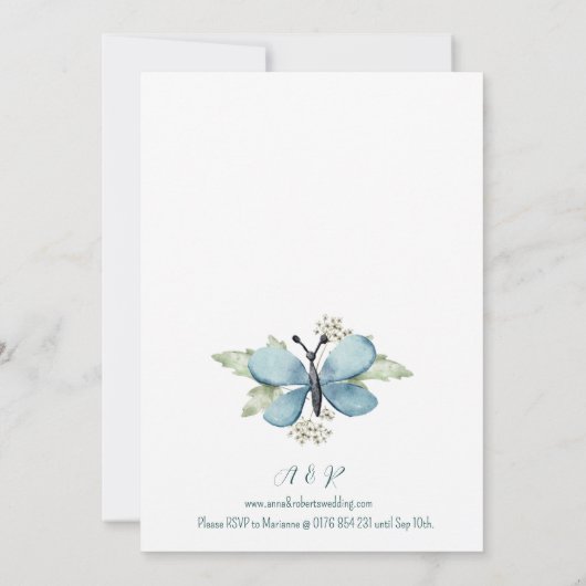 Lichtblauwe vlinder aquarel bruiloft kaart (Achterkant)