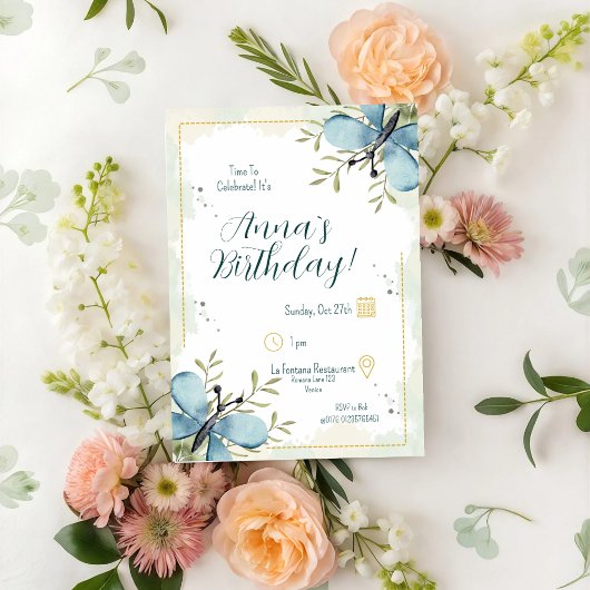 Lichtblauwe vlinder aquarel Verjaardag Kaart