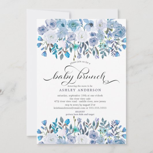 Lichtblauwe Waterverf Bloemen Baby Brunch Kaart (Voorkant)