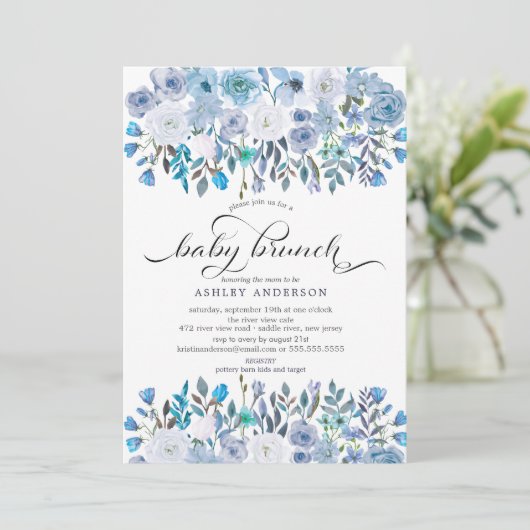 Lichtblauwe Waterverf Bloemen Baby Brunch Kaart (Staand voorkant)