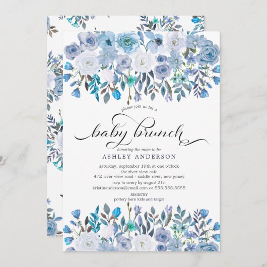 Lichtblauwe Waterverf Bloemen Baby Brunch Kaart (Voorkant / Achterkant)