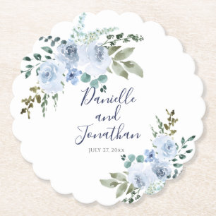 Lichtblauwe Waterverf Bloemenbruiloft Kartonnen Onderzetters