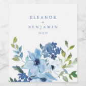 Lichtblauwe Waterverf Bloemenbruiloft Namen Custom Wijn Etiket (Enkel label)