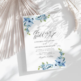 lichtblauwe waterverf florale huwelijksuitnodiging kaart