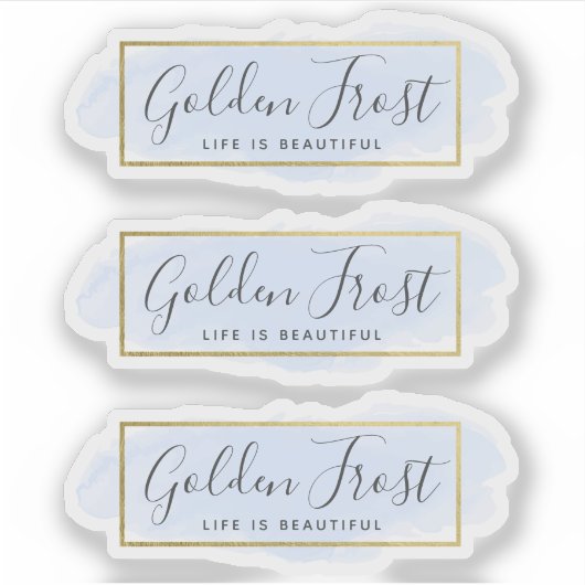 Lichtblauwe Waterverf & Modern Gold 3-delige Logo Sticker (Voorkant)